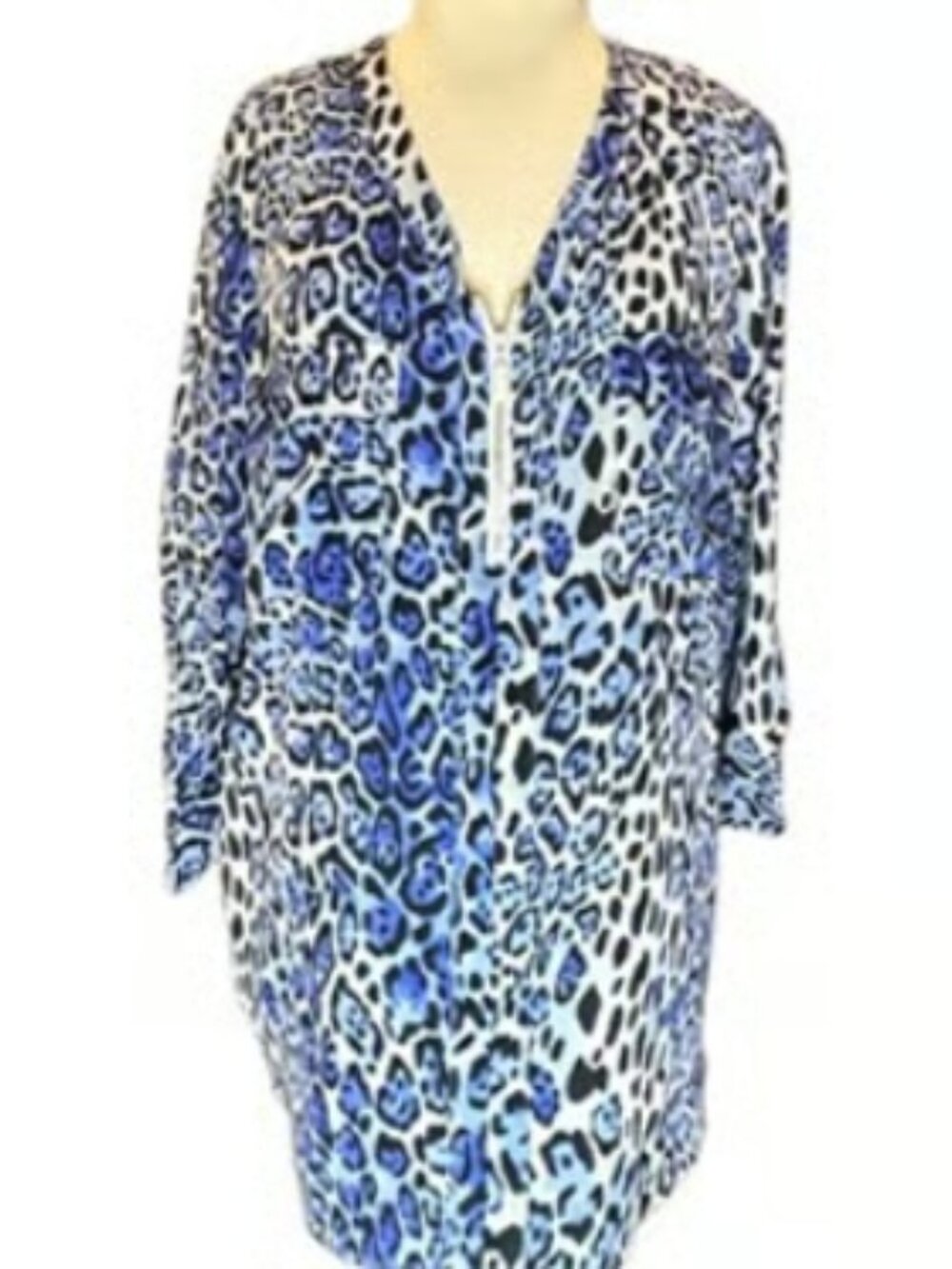 CATO Lightweight Blue Black Blouse Button Down Long Sleeve Animal Print Top NEW